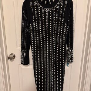 Elegant Black and White Beaded Midi Dress